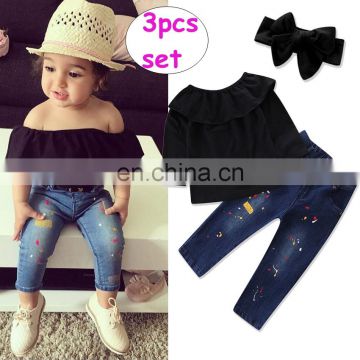 Baby Girls Clothing set Spring Summer Baby off-shoulder tops + long denim pants +headband 3pcs outfit