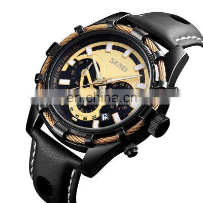 best selling SKMEI 9189 genuine leather men quartz watches with chronograph