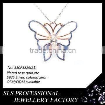 2015 Saudi popular 925 sterling silver butterfly necklace rose gold plated pendant with a white zicron