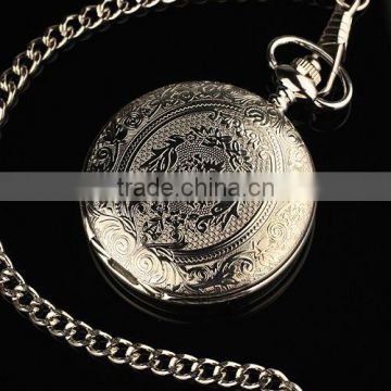 WP029 New Mens Stainless Steel Pattern Case White Dial Antique Style Pocket Watch with Chain
