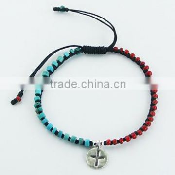 Macrame Bracelet Silver Charm Disc Turquoise and Glass Beads
