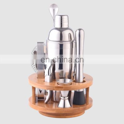 Creation 360 Degree Round Shape Rotating Bamboo Stand Cocktail Shaker Bar Stainless Steel modern novelty barware tool set