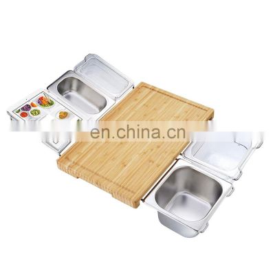 New arrival wholesale Bamboo cutting board set with 4 kitchen containers and tableware phone holder