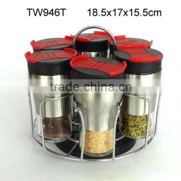 TW946T 6pcs glass spice jar set with metal casing and rack