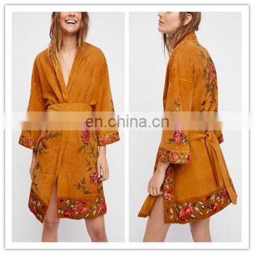 UK Women Flower Embroidery Suede Kimono Jacket With Three Quarter Sleeve