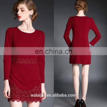 High quality ladies Maroon dress with lace trim, long sleeve fashion Autumn dress