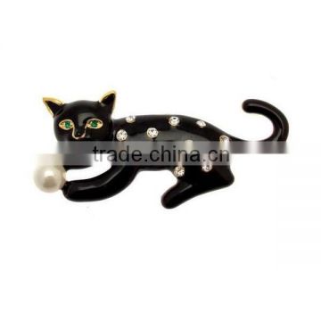 Wholesale 6.5*3cm Crystal & Faux Pearl Black Enamel Cat Brooch