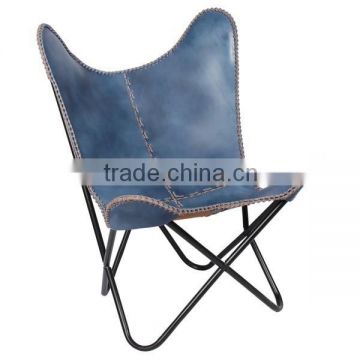 India Navy Blue Leather Butterfly Chair with Black Frame
