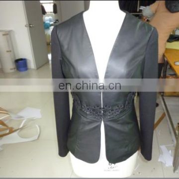 ladies knitted fabric and genuine leather jacket with lace