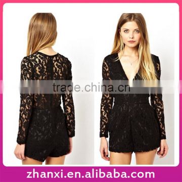 New casual long-sleeved lace sexy ladies black V-neck jumpsuits