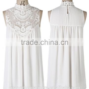 2015 cheap wholesale women's sleeveless stand collar hollow LACE CHIFFON loose plus size top blouse