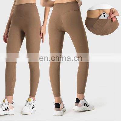 Best Ribbed Breathable Fitness Training Gym High Waist With Pocket Yoga Leggings Pants For Women Workout Sports Activewear