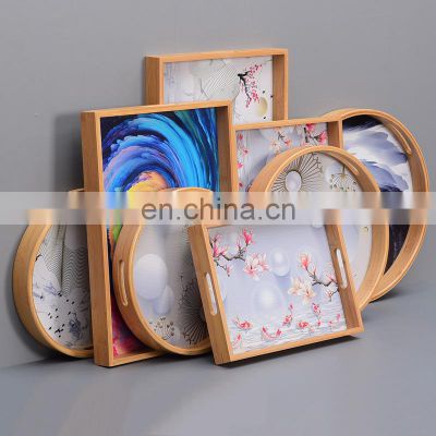 Chinese painted color Style Hotel Restaurant Round Cutlery Bamboo Serving Tray