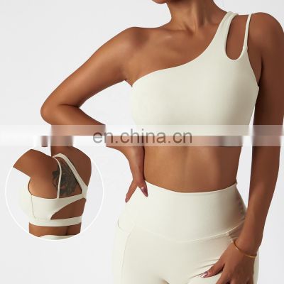 One Shoulder Sports Fitness Bras Oem Sexy Hollow Back Sport Shockproof Tops For Women
