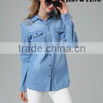 Blue mid wash denim shirt China imports clothing womens denim shirts wholesale