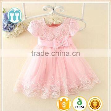 2017 Vietnam Summer simple baby frock design Pink short sleeves Bow-knot Sweet birthday party dresses Turkish clothes