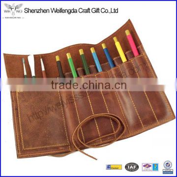 Custom genuine Leather Pencil Roll art drawing pencil case holder scroll with strap