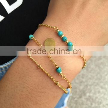 Three Layered Tassel Chain Simple Bracelet Turquoise Beaded Round Sequined Charm Bracelet