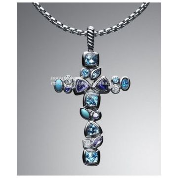 Sterling Silver DY Inspired Blue Topaz Confetti Cross Pendant