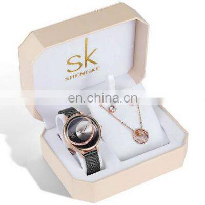 SHENGKE Black Plated Jewelry Watch Sets Dazzling Diamond Earing Necklace Accessories Gift Watches Sets Ladies Watch Luxury