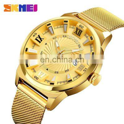 OEM skmei 9166 luxury stainless steel japanese movement golden watch men