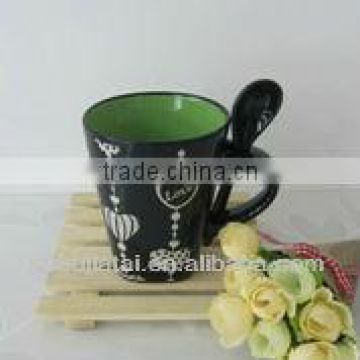 11oz Inner Green Glazed Ceramic Conical Spoon Mug with Square Bottom