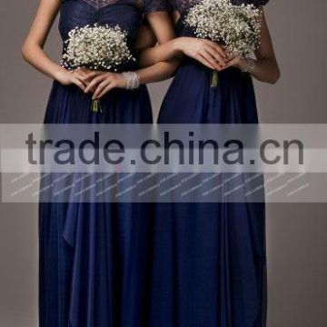 New Navy Blue Short Sleeves Long Lace Bridesmaid Dress Maid Of Honor Dress ZY522