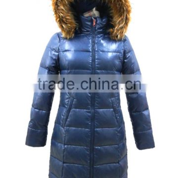 women reversible faux fur hood long down feather jacket