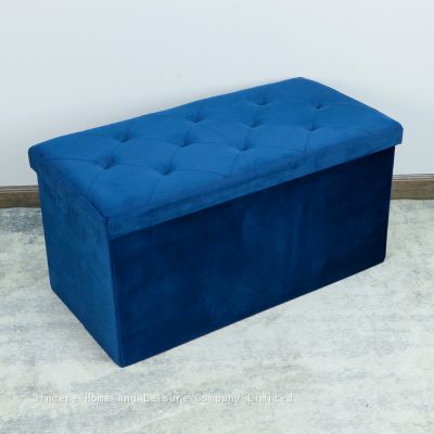 Foldable storage velvet ottoman-Dark Blue