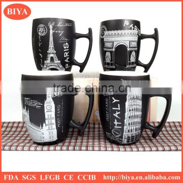 high quality printed ceramic mug coffee with custom design decal and popular handle double glazed matte black and shinny white