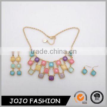 Fashion gold plated combine with multi square alloy inlay colorful faceted resin stones earring and necklace Jewelry Sets
