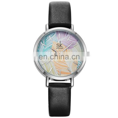SHENGKE Lady Watch Colorful Leaf Images Dial Soft Leather Band Japanese Quartz Movement Brand Your Label Watch Customization