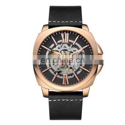 Low MOQ  New Design Genuine Leather Wristwatches Rose Gold Case Luxury Mens Watch Mechanical Watch