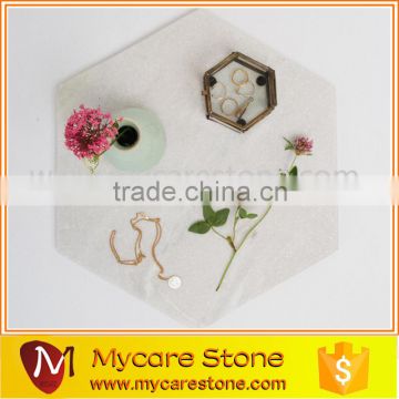 Natural hexagonal carrara marble honed marble serving plate for jewelry