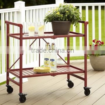 Red Metal Collapsible Serving Cart 2 Tier Shelves Mobile Utility Kitchen Island