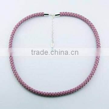 Stering Silver Braided Leather Pink Necklace Adjustable Chain