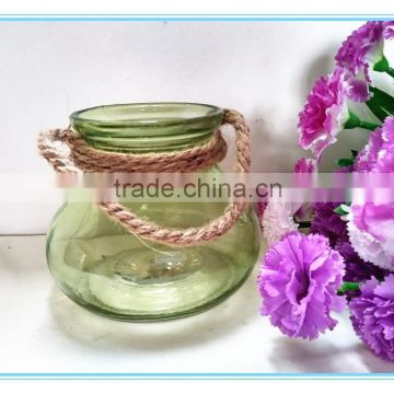 2016 wholesale color flower vase/glass candle holder with rope handle