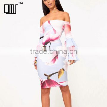 Ruffle flare sleeve digital floral print off shoulder bodycon bardot dress
