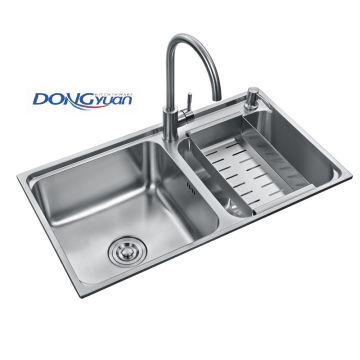 Guangdong Dongyuan Kitchenware 750×420×220mm POSCO SUS304 Stainless Steel Double Bowl Overmount Drawn Kitchen Sink with Colander and Faucet (DY-542)