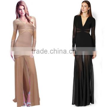 2015 sey fashion Top quality nude v neck long sleeve mesh black bandage dress evening party women dress wholesale dropshipping