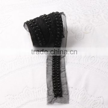 Black color handmade sew On pearl beading lace black Lace Trim for garment decoration