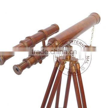 BROWN ANTIQUE BRASS TELESCOPE WITH WOODEN STAND - COLLECTIBLE MARINE 18" TELESCOPE ON STAND