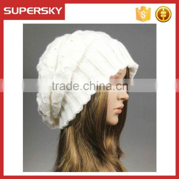 V-118 Plain slouchy crochet white baggy beanie hat cable winter warm women crochet hat