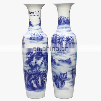 Wholesale Antique Beautiful Mountain River Blue and White Porcelain Floor Ceramic Vase