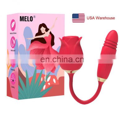 MELO Rose Shape Sucking Vibrator Sex Toy Thrusting Vibrators Dildos Strong Sucking Licking Double Heads Vibrator Female Sex Toys