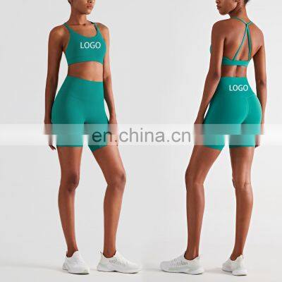 New Beauty Back Bra And Crothless Shorts 2PCS Yoga Set Women Sexy Gym Wear Clothes Outfit Exercise Running Short Pants