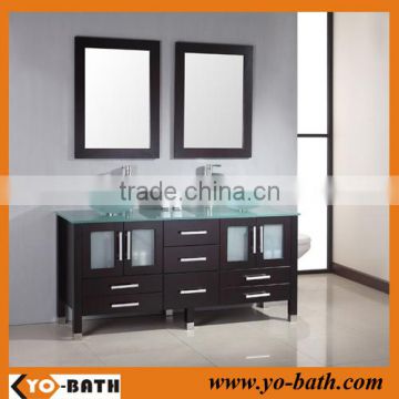double sink solid wood mirror bathroom vanity cabinet with glass countertop and wash basin