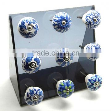 Ceramic Drawer Pull Knobs with Metal Fittings - Blue Pottery - 38 mm Dia.