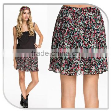 2015 new design chiffon flower print pleated mini skirt