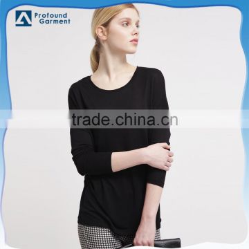Women plain black t shirt/long sleeve 100% viscose t shirt/loose t shirt